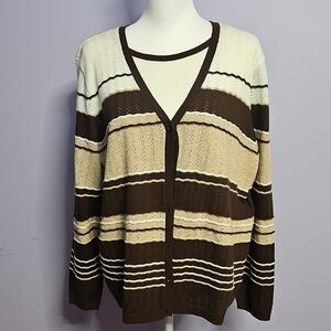 Alfred Dunner‎ Brown and Cream Striped Mock 2 Piece Cardigan Sweater